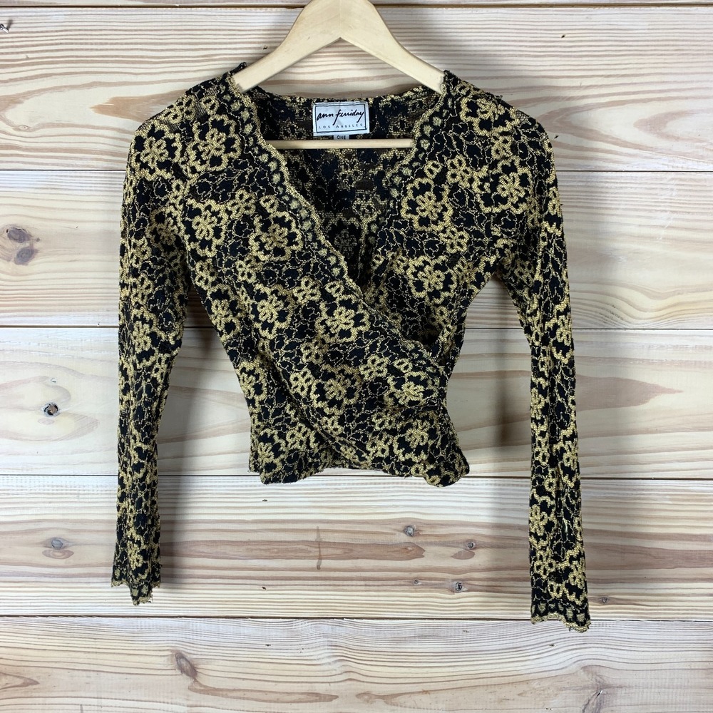 Ann Ferriday LA Top OS Gold Black Lace Surplice Wrap Whimsigoth Fairy Blouse USA